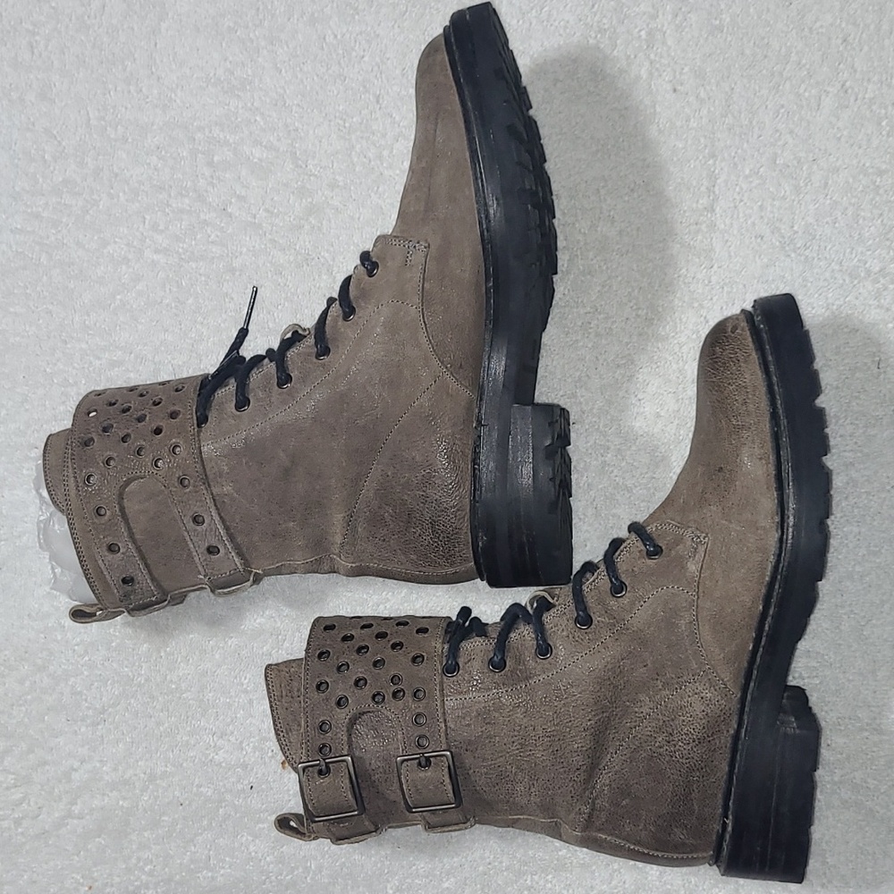 Frye Taupe Suede Combat Boots with Studded Cuff